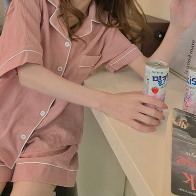 Σετ πιτζάμες Γυναικείες τυπωμένες καθημερινές Kawaii Κομψές φοιτήτριες Σχεδιαστής καλοκαιρινός γιακάς με μοντέρνο κορεάτικο στυλ Απαλό, καθημερινό