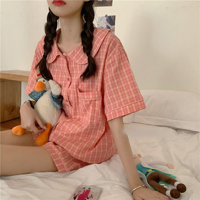 Σετ πιτζάμες Γυναικείες τυπωμένες καθημερινές Kawaii Κομψές φοιτήτριες Σχεδιαστής καλοκαιρινός γιακάς με μοντέρνο κορεάτικο στυλ Απαλό, καθημερινό