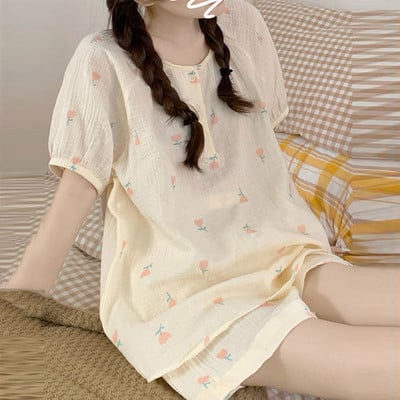 Σετ πιτζάμες Γυναικείες τυπωμένες καθημερινές Kawaii Κομψές φοιτήτριες Σχεδιαστής καλοκαιρινός γιακάς με μοντέρνο κορεάτικο στυλ Απαλό, καθημερινό
