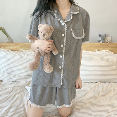 Σετ πιτζάμες Γυναικείες τυπωμένες καθημερινές Kawaii Κομψές φοιτήτριες Σχεδιαστής καλοκαιρινός γιακάς με μοντέρνο κορεάτικο στυλ Απαλό, καθημερινό