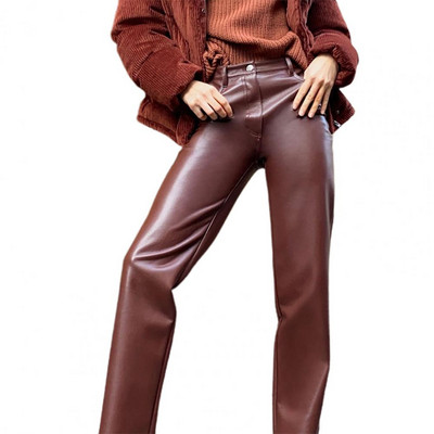 Mākslīgās ādas Taisnas Bikses ar augstu vidukli Rudens Seksīgas brūnas Bikses Bikses Sievietēm Apakšpuses Vintage Streetwear Bikses Ziemai