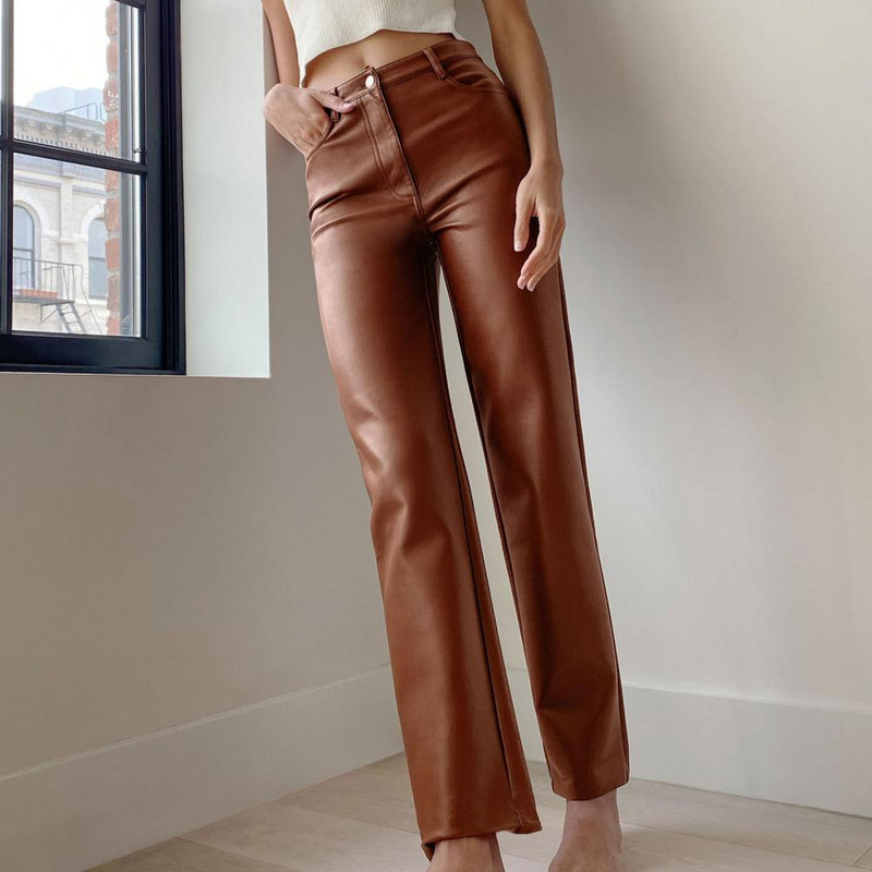 Mākslīgās ādas Taisnas Bikses ar augstu vidukli Rudens Seksīgas brūnas Bikses Bikses Sievietēm Apakšpuses Vintage Streetwear Bikses Ziemai