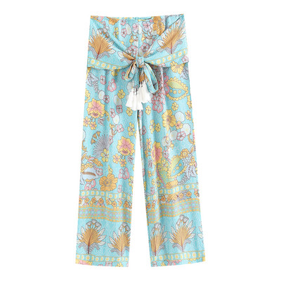 Vintage Chic bikses ar ziedu apdruku Boho bikses viskozes kokvilnas pušķi Brīvas platas kājas Bohēmijas bikses Summer Beach Pantalones
