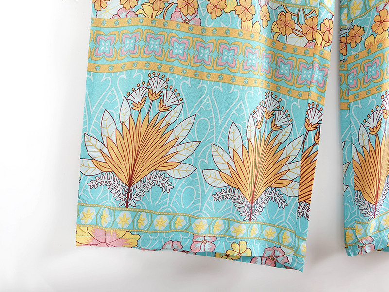 Vintage Chic bikses ar ziedu apdruku Boho bikses viskozes kokvilnas pušķi Brīvas platas kājas Bohēmijas bikses Summer Beach Pantalones