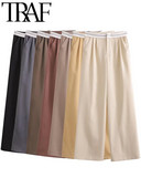 TRAF pavasara sieviešu modes platas bikses ikdienišķas brīvas vidukļa aproces bikses sievietes korejiešu somas biroja dāmas taisnas uzvalka bikses