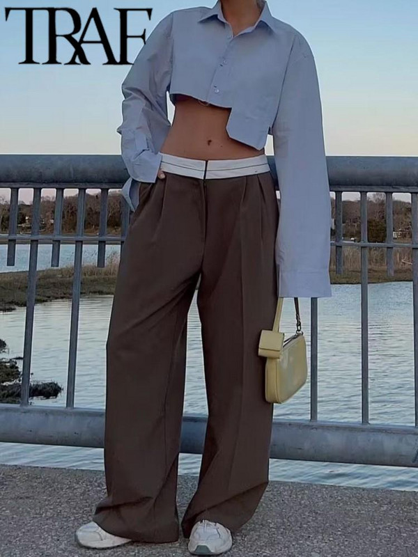 TRAF pavasara sieviešu modes platas bikses ikdienišķas brīvas vidukļa aproces bikses sievietes korejiešu somas biroja dāmas taisnas uzvalka bikses