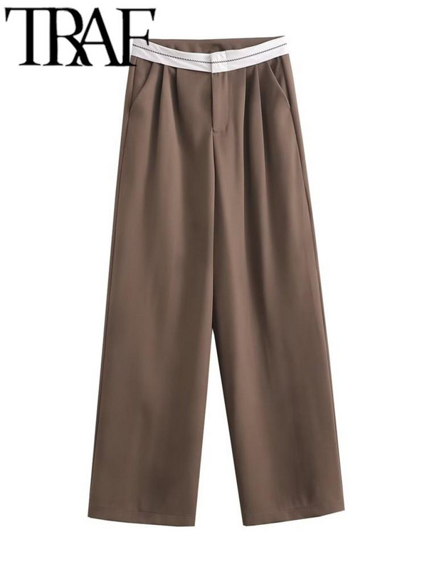 TRAF pavasara sieviešu modes platas bikses ikdienišķas brīvas vidukļa aproces bikses sievietes korejiešu somas biroja dāmas taisnas uzvalka bikses