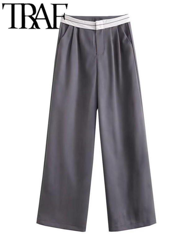 TRAF pavasara sieviešu modes platas bikses ikdienišķas brīvas vidukļa aproces bikses sievietes korejiešu somas biroja dāmas taisnas uzvalka bikses