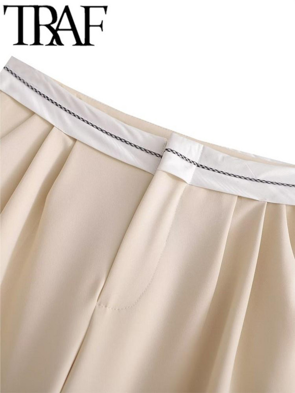 TRAF pavasara sieviešu modes platas bikses ikdienišķas brīvas vidukļa aproces bikses sievietes korejiešu somas biroja dāmas taisnas uzvalka bikses