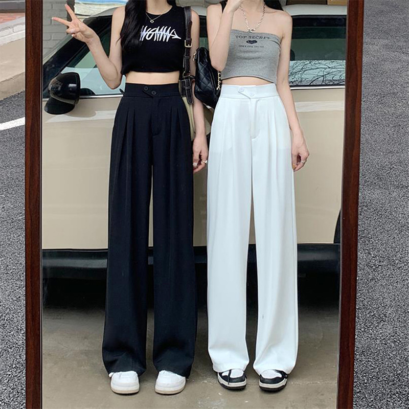Široke uredske hlače za žene 2023. Bijele ravne hlače s džepovima visokog struka s džepovima Klasične ženske hlače s dva gumba