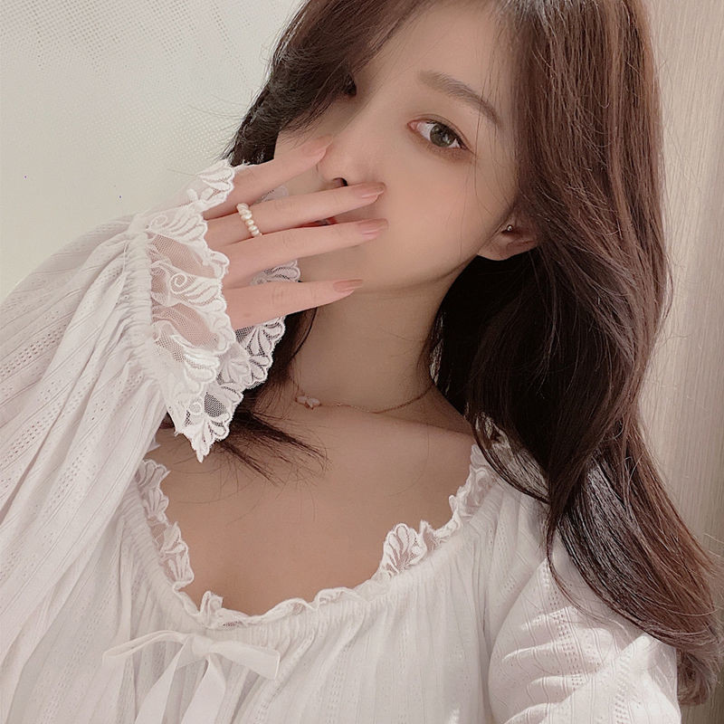 Moteriški naktiniai marškiniai su nėriniais Švelni naktinė kvadratinė apykaklė Retro Elegantiška drapiruota iki blauzdos miegui Jaukus ilgomis rankovėmis naktinis marškinys