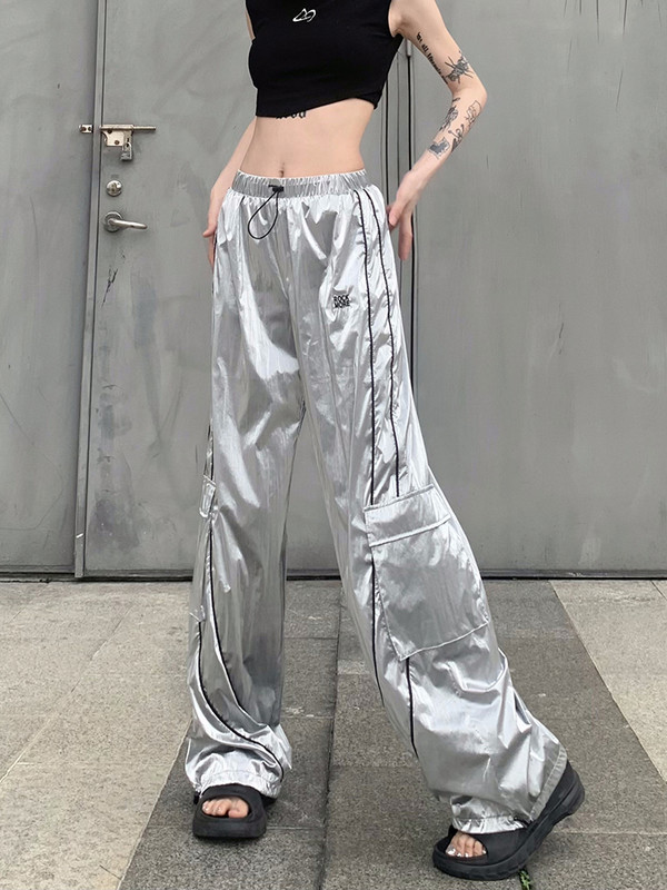 Weekeep 2023 Pantaloni cargo argintii de modă Streetwear Pantaloni de trening cu talie înaltă Femei Casual Baggy Buzunar Patchwork Pantaloni y2k Estetici