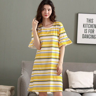 Νυχτικά Γυναικεία Ριγέ Φαρδιά Κορεάτικα Κομψά Hot Έκπτωση Νέα μόδα Femme Hipster O-neck Απλή ελαφριά απαλά, ζεστά καλοκαιρινά ενδύματα σπιτιού