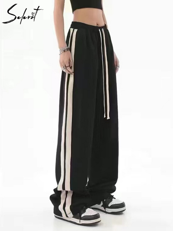 Y2K sportnadrág női széles, bő, húzózsinóros tehernadrág Női koreai melegítőnadrág oldalsó csíkok Vintage kocogó 90-es évek Hip Hop