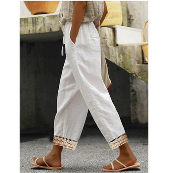 Νέα γυναικεία ρούχα Βαμβακερό λινό παντελόνι Vintage μασίφ ελαστική μέση κομμένο παντελόνι Γυναικείο Leisure Λευκό παντελόνι δαντέλας Patchworh