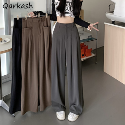 Pantaloni casual Stil coreean Modă All-match De bază Zilnic Pantaloni De Mujer Tender Talie înaltă Picior lat Clasic Office Lady Solid