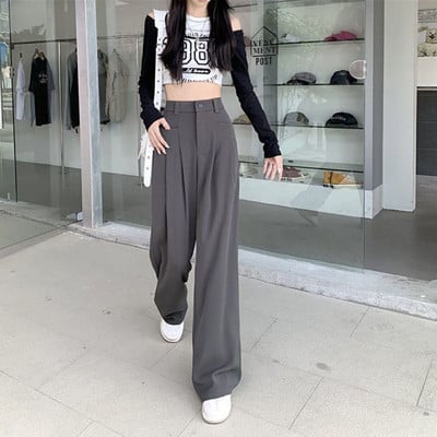 Casual παντελόνι Κορεατικής μόδας All-match Basic Daily Pantalones De Mujer Tender ψηλόμεσο φαρδύ πόδι Classic Office Lady Solid