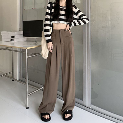 Casual παντελόνι Κορεατικής μόδας All-match Basic Daily Pantalones De Mujer Tender ψηλόμεσο φαρδύ πόδι Classic Office Lady Solid