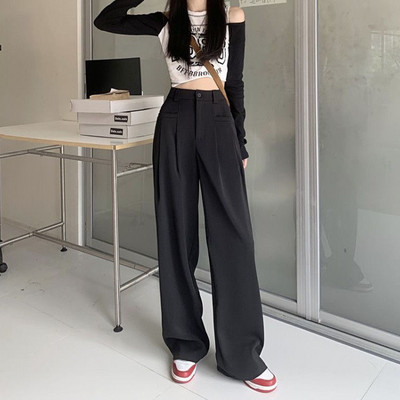 Casual παντελόνι Κορεατικής μόδας All-match Basic Daily Pantalones De Mujer Tender ψηλόμεσο φαρδύ πόδι Classic Office Lady Solid