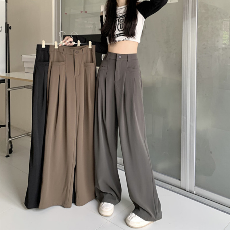 Casual παντελόνι Κορεατικής μόδας All-match Basic Daily Pantalones De Mujer Tender ψηλόμεσο φαρδύ πόδι Classic Office Lady Solid