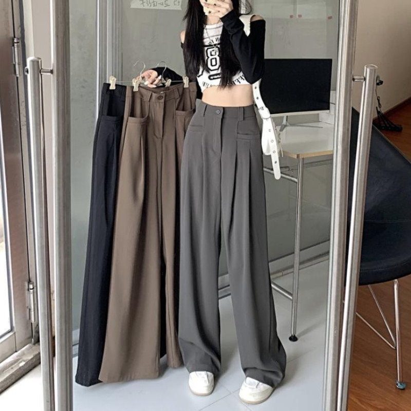 Casual παντελόνι Κορεατικής μόδας All-match Basic Daily Pantalones De Mujer Tender ψηλόμεσο φαρδύ πόδι Classic Office Lady Solid