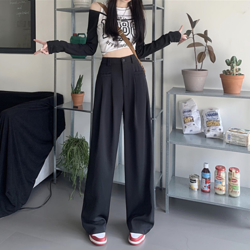 Casual παντελόνι Κορεατικής μόδας All-match Basic Daily Pantalones De Mujer Tender ψηλόμεσο φαρδύ πόδι Classic Office Lady Solid