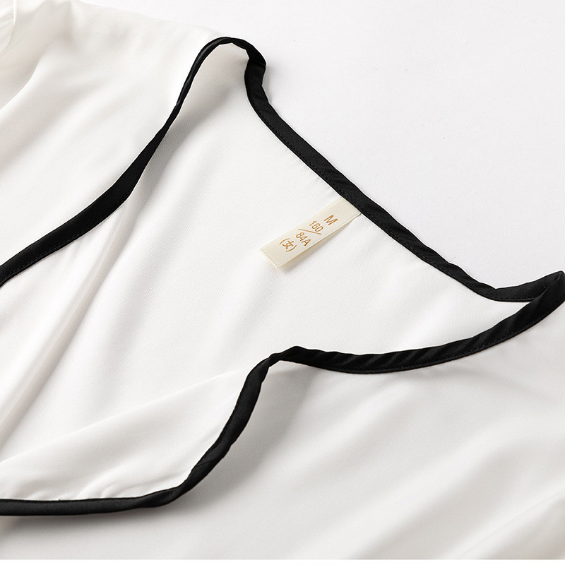 Naiste pidžaamad magamisriided Kevadsuvi õhuke jääsiidist satiinist puhkeriided pükskostüümid, valge musta servaga pikkade varrukatega koduriided