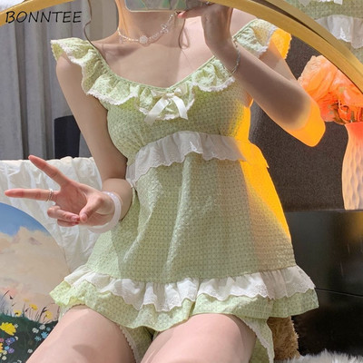 Kompleti pidžama Ženske V-izrez Slatke Seksi Mašne bez rukava Klasične kućne nježne japanske ljetne djevojačke ženske fakultetske mlade šik slatke