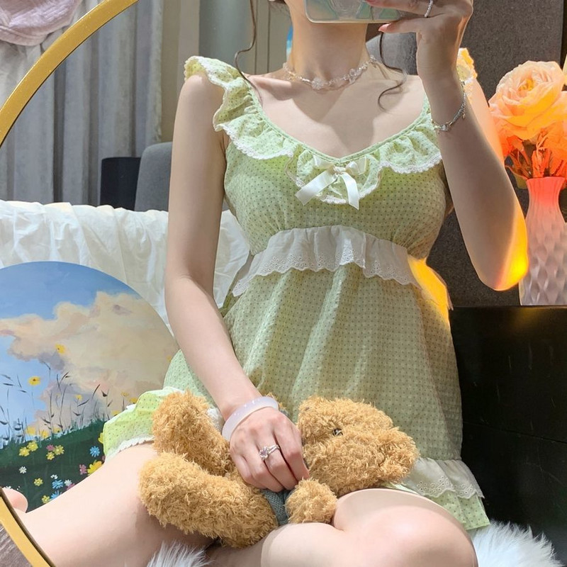 Pidžamu komplekti Sieviešu V veida kakla izgriezums, salds, seksīgs bantiņš bez piedurknēm, klasisks mājas maigums japāņu vasaras meitenes, sievietes koledža, jauna, eleganta, jauka