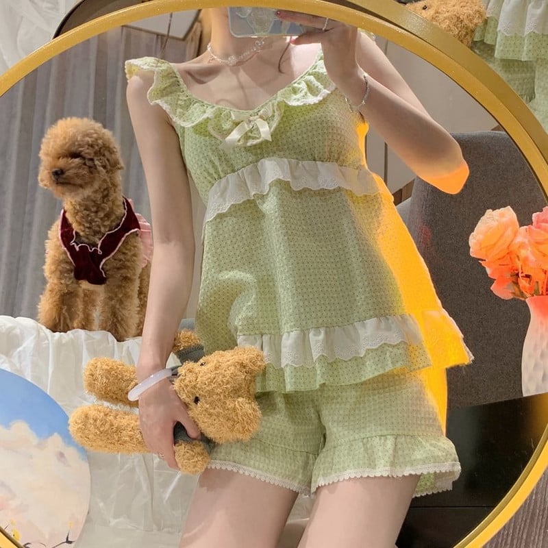 Pidžamu komplekti Sieviešu V veida kakla izgriezums, salds, seksīgs bantiņš bez piedurknēm, klasisks mājas maigums japāņu vasaras meitenes, sievietes koledža, jauna, eleganta, jauka