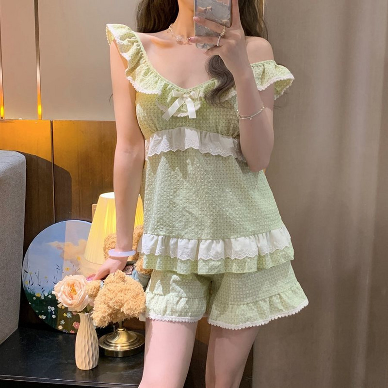 Pidžamu komplekti Sieviešu V veida kakla izgriezums, salds, seksīgs bantiņš bez piedurknēm, klasisks mājas maigums japāņu vasaras meitenes, sievietes koledža, jauna, eleganta, jauka