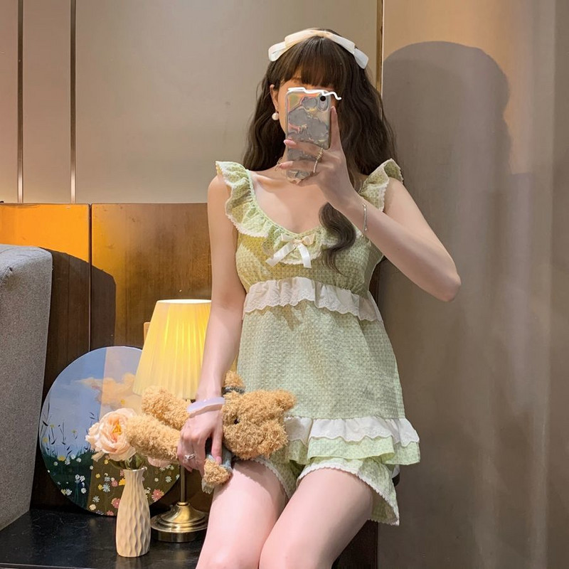 Pidžamu komplekti Sieviešu V veida kakla izgriezums, salds, seksīgs bantiņš bez piedurknēm, klasisks mājas maigums japāņu vasaras meitenes, sievietes koledža, jauna, eleganta, jauka