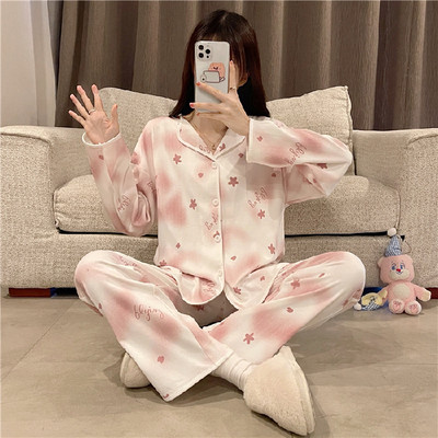 Kevadsügisne pidžaamakomplekt naistele Õhuke puuvillane moeprint Naiste pikad magamisriided Koduriided Naiste Pidžaama Mujer