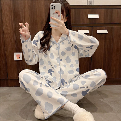 Kevadsügisne pidžaamakomplekt naistele Õhuke puuvillane moeprint Naiste pikad magamisriided Koduriided Naiste Pidžaama Mujer