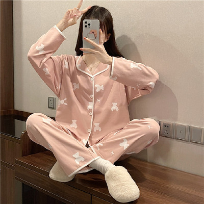 Kevadsügisne pidžaamakomplekt naistele Õhuke puuvillane moeprint Naiste pikad magamisriided Koduriided Naiste Pidžaama Mujer