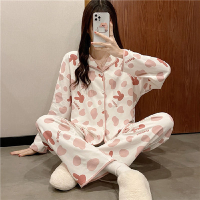Kevadsügisne pidžaamakomplekt naistele Õhuke puuvillane moeprint Naiste pikad magamisriided Koduriided Naiste Pidžaama Mujer