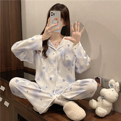 Kevadsügisne pidžaamakomplekt naistele Õhuke puuvillane moeprint Naiste pikad magamisriided Koduriided Naiste Pidžaama Mujer