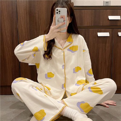 Kevadsügisne pidžaamakomplekt naistele Õhuke puuvillane moeprint Naiste pikad magamisriided Koduriided Naiste Pidžaama Mujer