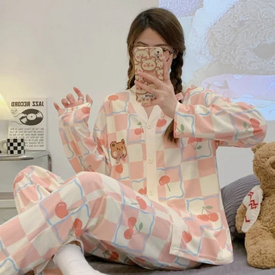 Kevadsügisne pidžaamakomplekt naistele Õhuke puuvillane moeprint Naiste pikad magamisriided Koduriided Naiste Pidžaama Mujer