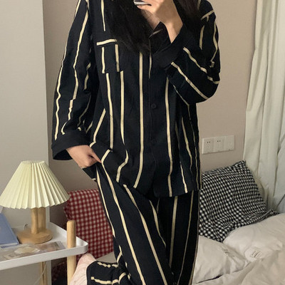 Őszi téli női pizsama szett hosszú ujjú nadrág csipke pizsama szett otthoni viselet fekete szabadidő női hálóing nővérek