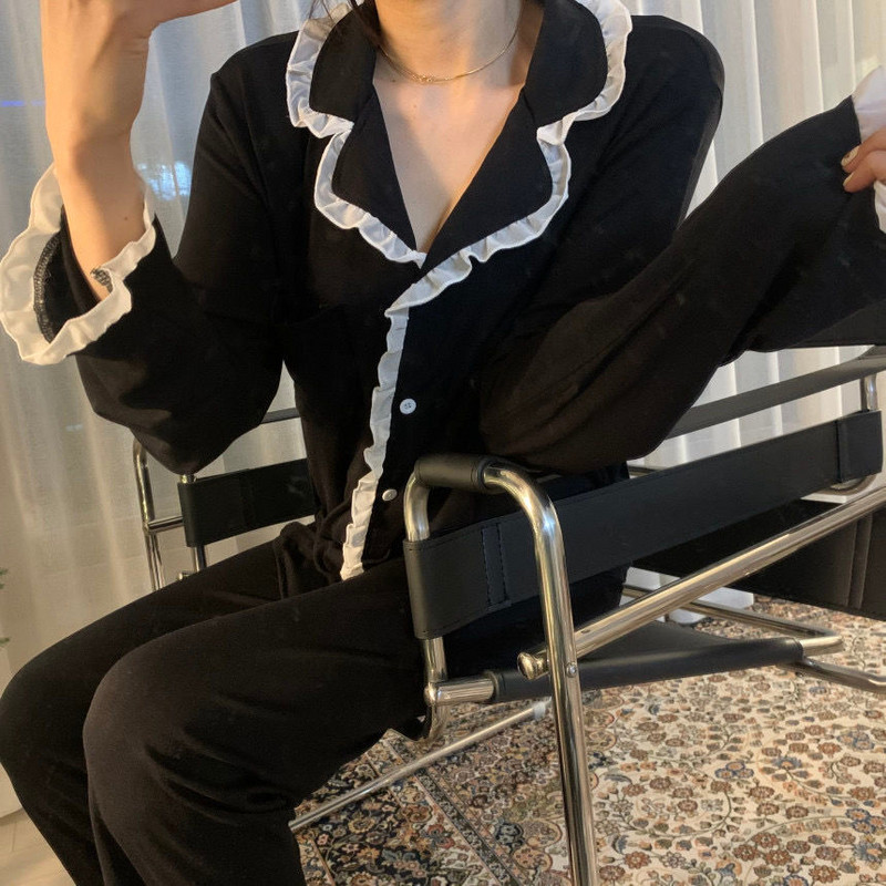 Őszi téli női pizsama szett hosszú ujjú nadrág csipke pizsama szett otthoni viselet fekete szabadidő női hálóing nővérek