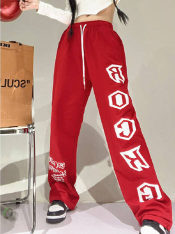 QWEEK Y2K Red Joggers Φούτερ Γυναικεία Hip Hop Harajuku Streetwear Φαρδύ Αθλητικό Παντελόνι Kpop Letter Εκτύπωση Oversize Παντελόνι
