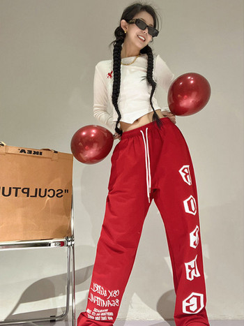 QWEEK Y2K Red Joggers Φούτερ Γυναικεία Hip Hop Harajuku Streetwear Φαρδύ Αθλητικό Παντελόνι Kpop Letter Εκτύπωση Oversize Παντελόνι