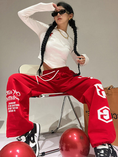 QWEEK Y2K Red Joggers dressipüksid Naiste Hip Hop Harajuku Tänavarõivad Laia säärega spordipüksid Kpop Letter Print Oversize püksid