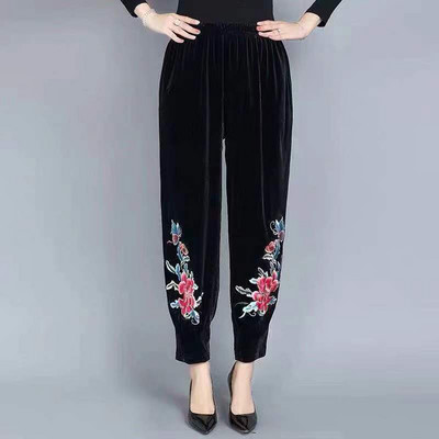 Sieviešu Bikses Liela izmēra Augsta jostasvieta Samta bikses Melnas Izšuvumi Potītes Bikses Brīvas Sieviešu Ikdienas