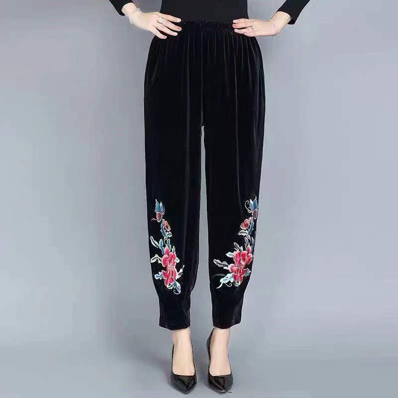 Sieviešu Bikses Liela izmēra Augsta jostasvieta Samta bikses Melnas Izšuvumi Potītes Bikses Brīvas Sieviešu Ikdienas