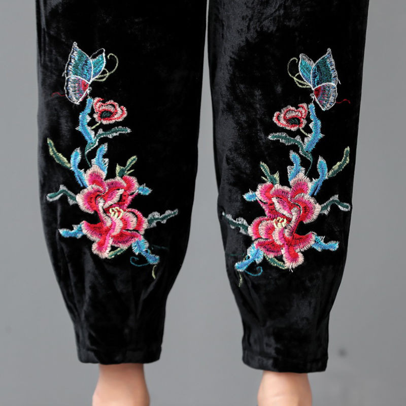 Sieviešu Bikses Liela izmēra Augsta jostasvieta Samta bikses Melnas Izšuvumi Potītes Bikses Brīvas Sieviešu Ikdienas