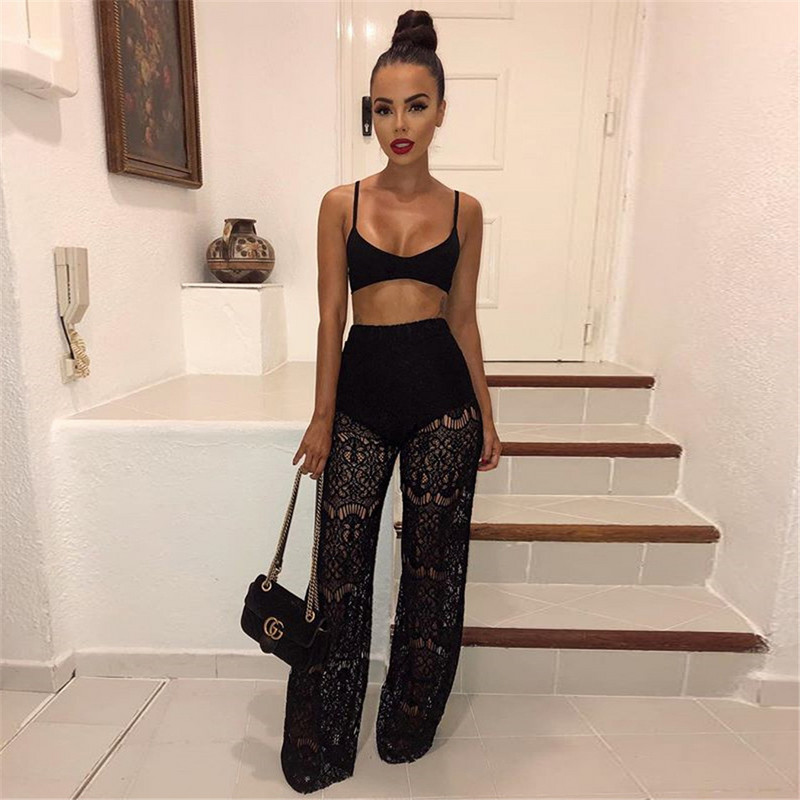 BKLD Ljetne ženske ležerne ravne hlače s izdubljenim visokim strukom, prozirne čipke, 2022., vruće seksi bikini za plažu, duge hlače s prikrivanjem