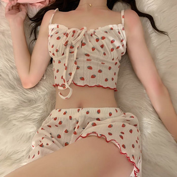 Σετ Πυτζάμες Φράουλα Sweet Bandage Slim Sexy 2 Pieces Sleepwear Home Casual Simple Summer Fashion Απαλό Μαθητές Σχέδιο Ulzzang