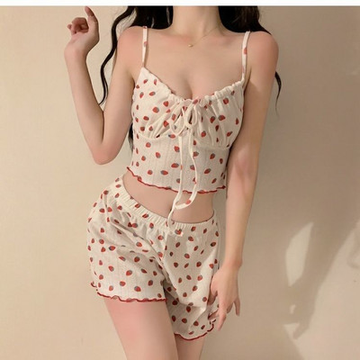 Σετ Πυτζάμες Φράουλα Sweet Bandage Slim Sexy 2 Pieces Sleepwear Home Casual Simple Summer Fashion Απαλό Μαθητές Σχέδιο Ulzzang